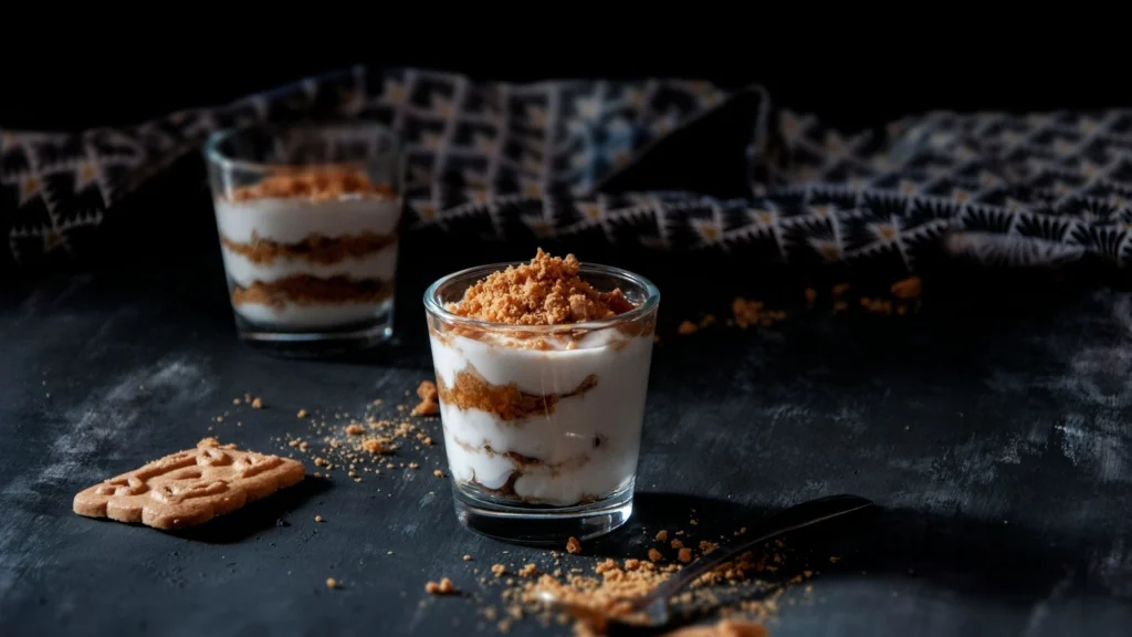 Two glass cups layered with Biscoff tiramisu cream and cookie crumbles on a dark surface with Biscoff cookies alongside.