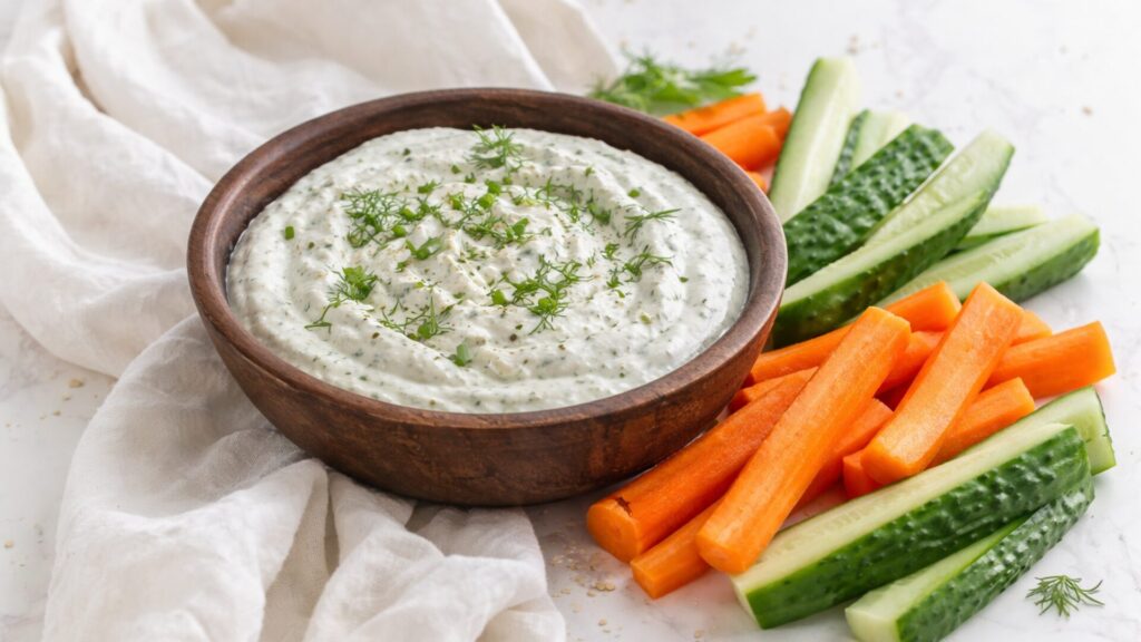 A wooden bowl filled with creamy cottage cheese herb dip garnished with fresh dill and chives, surrounded by carrot sticks and cucumber spears on a white surface with a linen napkin.